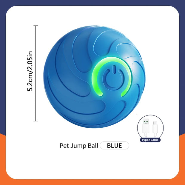 Blue Automatic Obstacle Avoidance Pet Toy Ball with green power symbol and cable icon on a white background