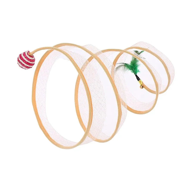Interactive Spiral Cat Toy Spring Tunnel with Plush Mouse\with a cylindrical mesh body and colorful attachments on a white background