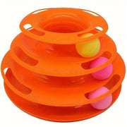 Orange plastic Cat Turntable Toy with three levels and colorful balls on a white background