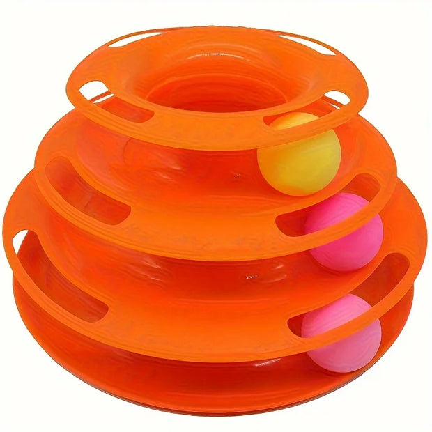 Orange plastic Cat Turntable Toy with three levels and colorful balls on a white background