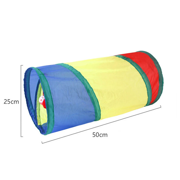 Colorful Cat Tunnel Toy with dimensions on a white background