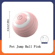 Pink Automatic Obstacle Avoidance Pet Toy Ball with dimensions and cable icon on a white background