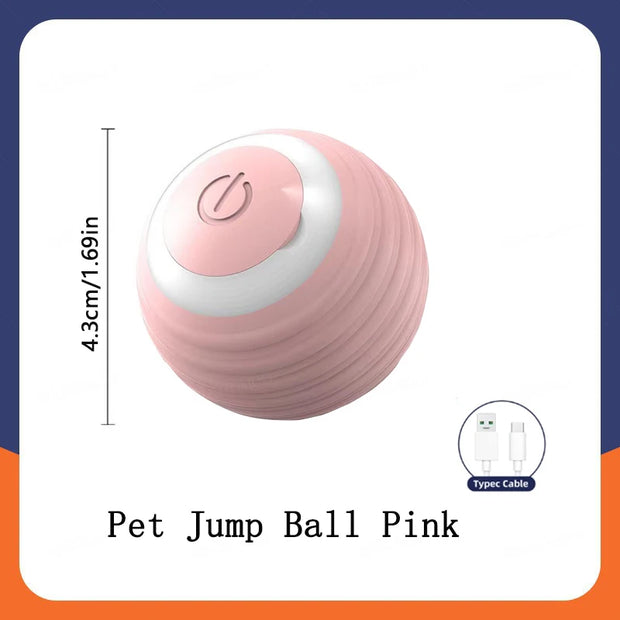 Pink Automatic Obstacle Avoidance Pet Toy Ball with dimensions and cable icon on a white background