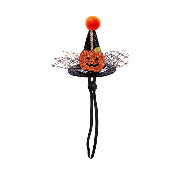 Halloween-themed decorative item with a pumpkin face and Halloween Witch Hats Collection on a white background