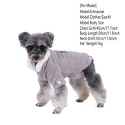 Dog wearing a gray Corduroy Dog coat with white trim on a white background
