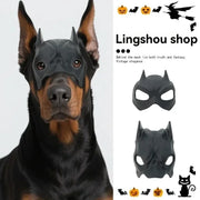 Dog wearing a black Pet Avengers Mask Set with bat design, Lingshou shop branding on the side.