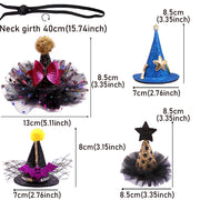 Measurement chart of various decorative Halloween Witch Hats Collection with dimensions labeled.