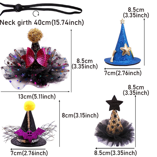 Measurement chart of various decorative Halloween Witch Hats Collection with dimensions labeled.