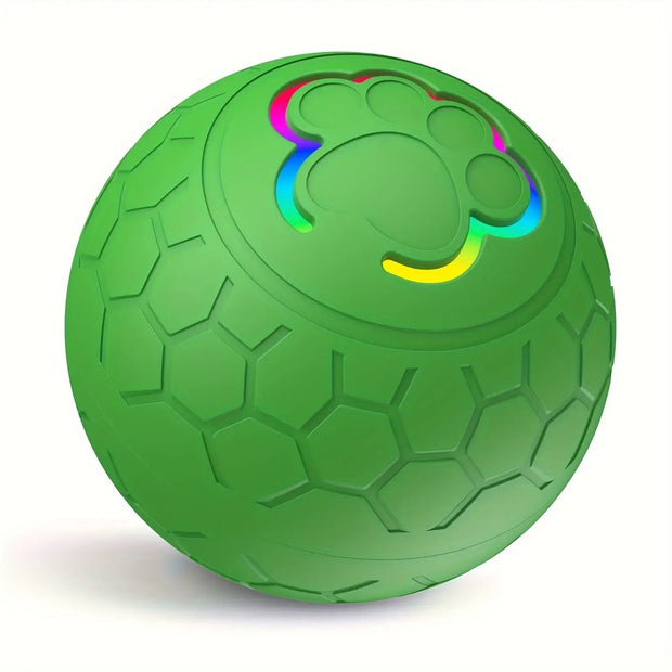 Green Rechargeable Interactive Pet Toy Ball 300mAh with a colorful paw print design on a white background