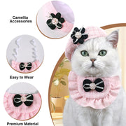 Cat wearing a pink Elegant Cat Costume Set, surrounded by close-up shots of the accessory.