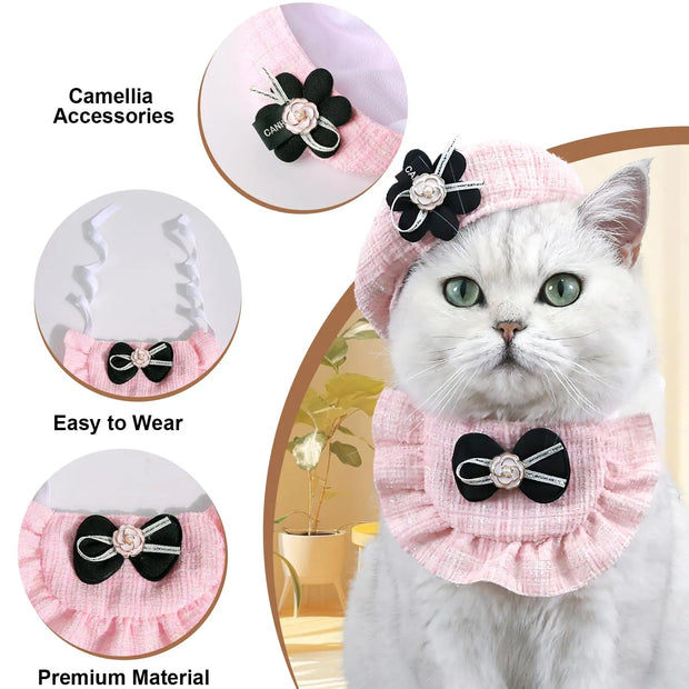Cat wearing a pink Elegant Cat Costume Set, surrounded by close-up shots of the accessory.