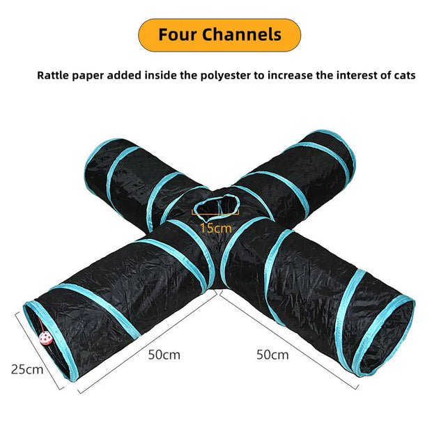 Black and blue Collapsible Cat Tunnel Toy with four channels and dimensions on a white background