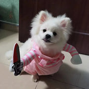 Small white dog wearing a pink and gray striped Cute Halloween Costume with a toy knife.