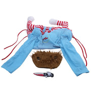Killer Doll Pet Costume with blue pants, red and white striped socks, and a brown bag on a white background
