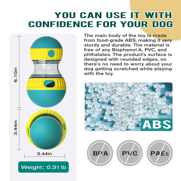 Interactive Treat Dispensing Dog Toy  with measurements and material information on a white background