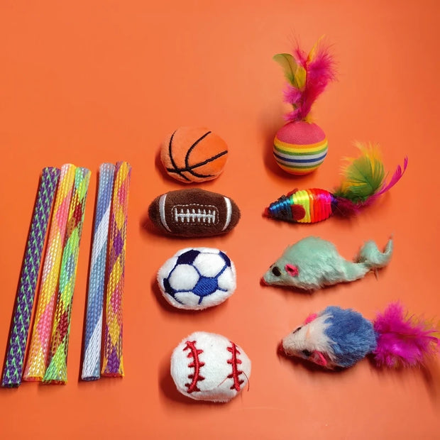 Assorted Soft Plush Pet Sports Balls Toy Set, a mouse, and a feather toy on an orange background