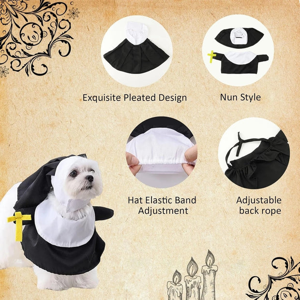 Dog dressed in a Nun Pet Costume with features highlighted on a decorative background