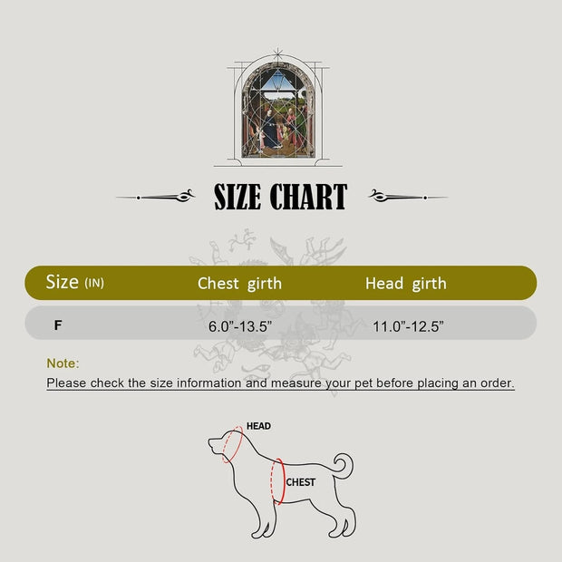 Size chart for Nun Pet Costume with measurements for chest girth and head girth on a gray background.