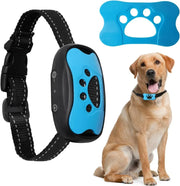 Black and blue Anti-Barking Dog Collar with remote control, blue training device, and a dog wearing the collar.