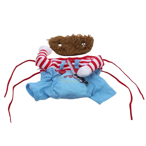 Killer Doll Pet Costume, striped body, and brown head on a white background