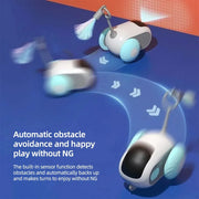 Remote Control Interactive Cat Toy Car with automatic obstacle avoidance on a blue and orange background