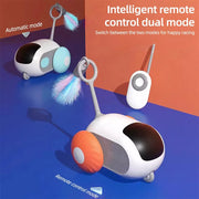 Two Remote Control Interactive Cat Toy Car in different modes on a blue and orange background with text about dual mode operation.