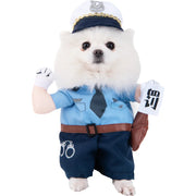 Dog wearing a Halloween Bat Skeleton Costume a blue shirt, pants, and hat on a white background