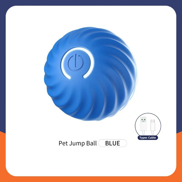Blue Automatic Obstacle Avoidance Pet Toy Ball jump with brand logo on a white background