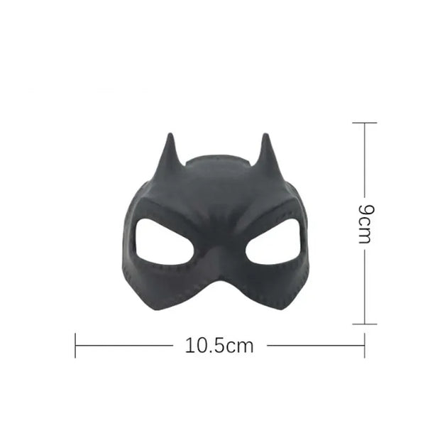Black Pet Avengers Mask Set with measurements on a white background