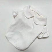 White Puppy Bow Dress Set with ruffled edges on a light gray background