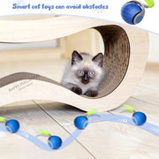Siamese cat playing with Automatic Moving Cat Toy in a modern scratcher tunnel.