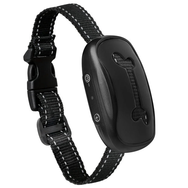 Black Anti-Barking Dog Collar with electronic device on a white background