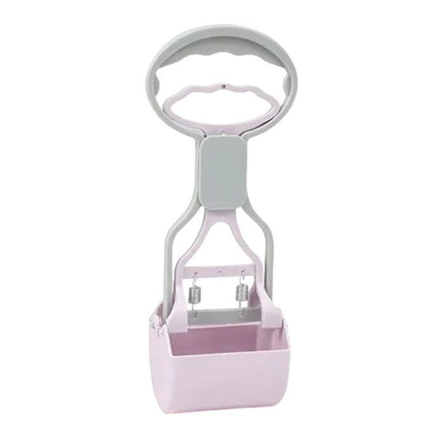 Pink and gray Easy Grip Dog Pooper Scooper with a hanging ring on a white background