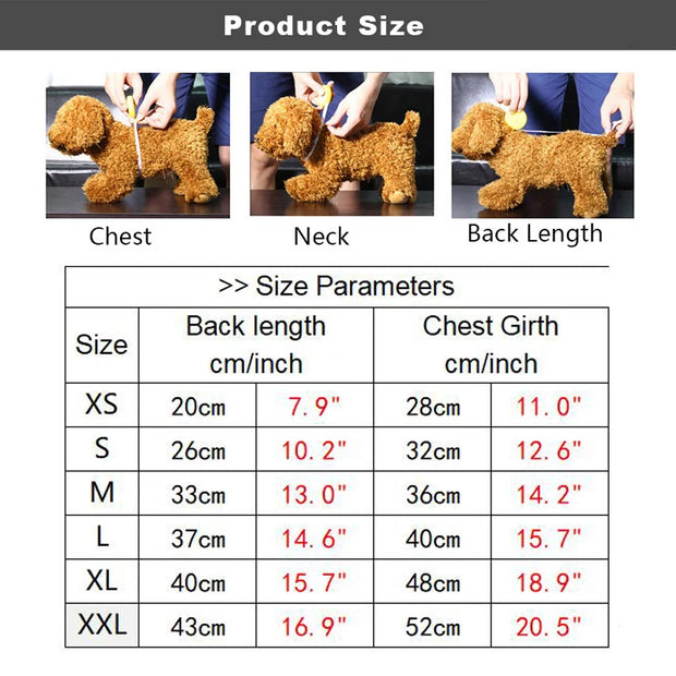 Product size chart for a Denim Dog Dress with measurements in centimeters and inches.