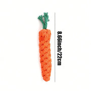 Woven carrot-shaped Plush Animal Rope Dog Toys with a measurement label on a white background