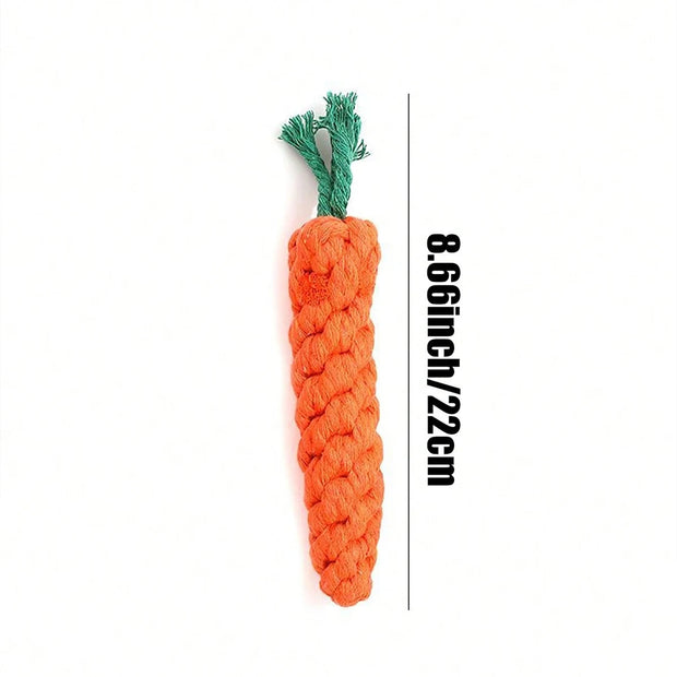 Woven carrot-shaped Plush Animal Rope Dog Toys with a measurement label on a white background