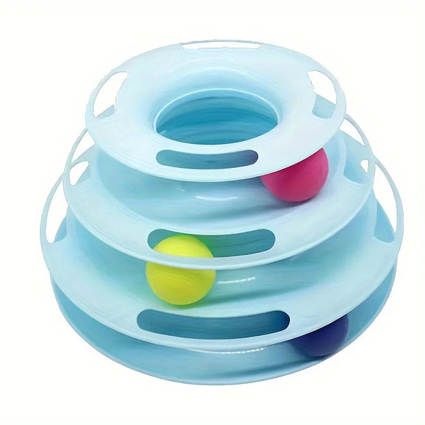 Three-tiered Cat Turntable Toy with colorful balls on a white background