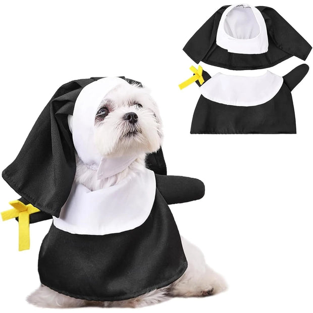 Dog wearing a Nun Pet Costume with additional nun hat and apron pieces on a white background