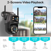 Outdoor Smart Outdoor Security Camera with smartphone app displaying video playback on a blurred background