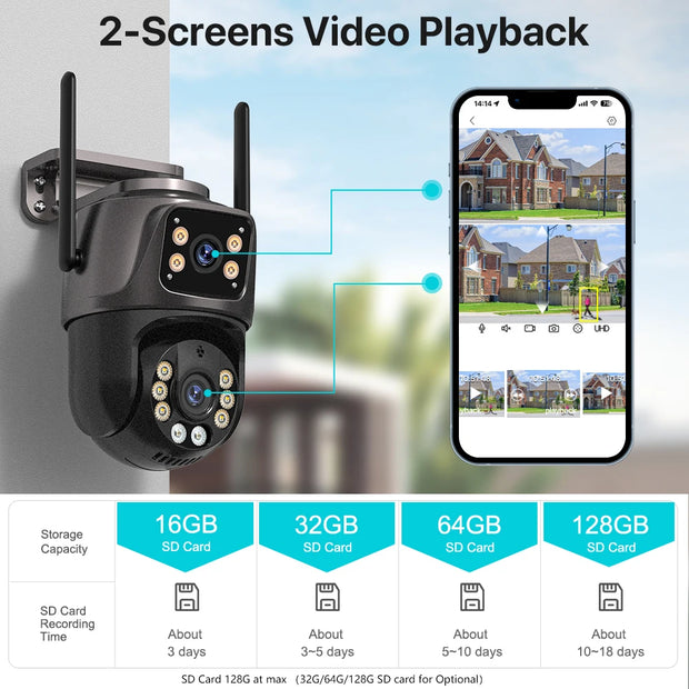 Outdoor Smart Outdoor Security Camera with smartphone app displaying video playback on a blurred background