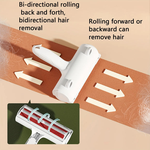 Pet Hair Remover Roller with Large Storage Chamber with text explaining bidirectional hair removal on a beige background.
