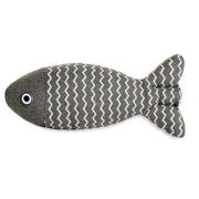 Gray Catnip Fish Plush Toy with white zigzag pattern on a white background