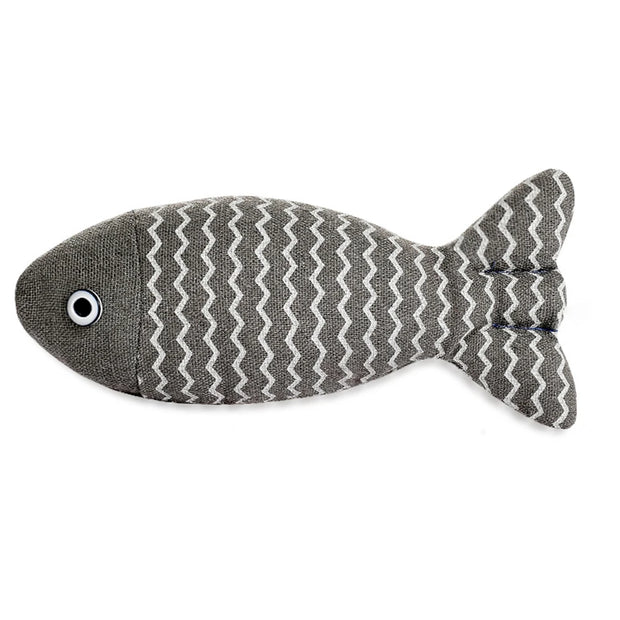 Gray Catnip Fish Plush Toy with white zigzag pattern on a white background
