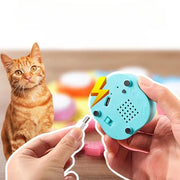Pet Training Button Turquoise electronic device with lightning bolt design held by a person, next to an orange cat.