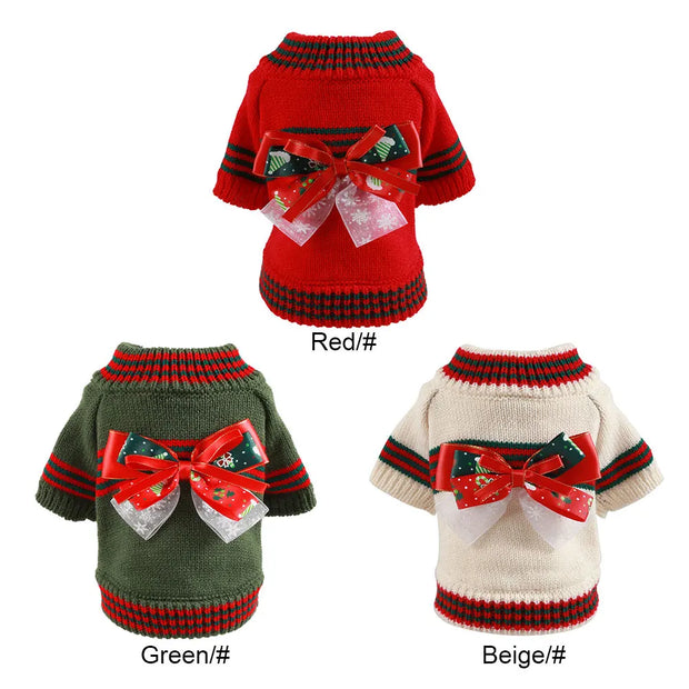 Three Christmas Dog Sweater in red, green, and beige with decorative bows on a white background.