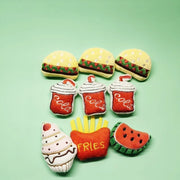 Set of felt Soft Plush Pet Sports Balls Toy Set including hamburgers, drinks, fries, and a watermelon slice on a green background.