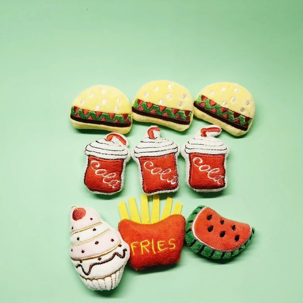 Set of felt Soft Plush Pet Sports Balls Toy Set including hamburgers, drinks, fries, and a watermelon slice on a green background.