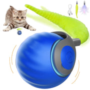 Automatic Moving Cat Toy – Interactive Rolling Ball for Indoor Cats with colorful design and a playful kitten.