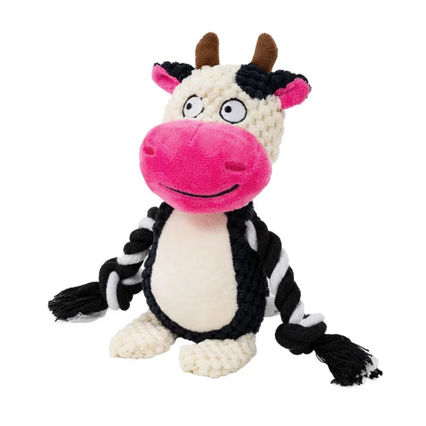 Dog Plush Rope Toys with a pink nose and black and white pattern on a white background
