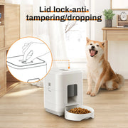 Smart Automatic Pet Feeder with WiFi Control with lid lock feature, dog sitting next to it in a room.